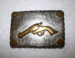 Vtg RENALDE Denver SILVER Nickel Brass WESTERN Revolver GUN & ROSES Belt BUCKLE