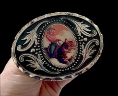Kitty Cowgirl Belt Buckle Vintage Western Pinup Cat Handmade Resin Snap On 1.5in