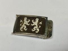 Crowned Griffon Lion&rsquo;s Family Crest Graphic Faux Wood Grain Belt Buckle