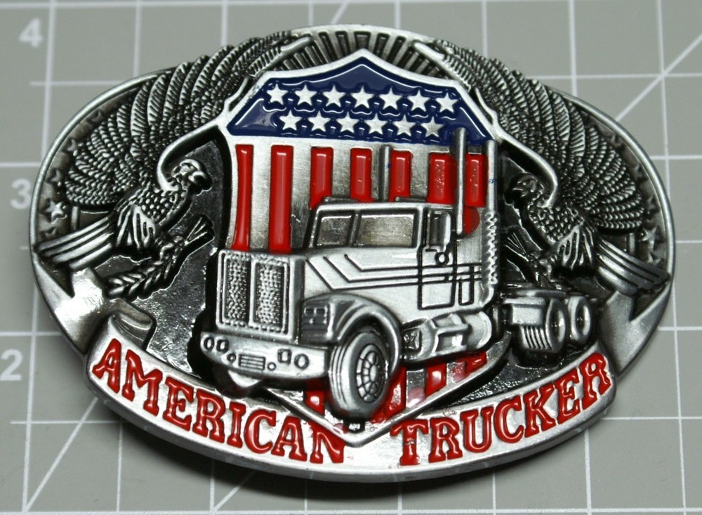 American Trucker Belt Buckle American Flag Colors Semi Truck A112