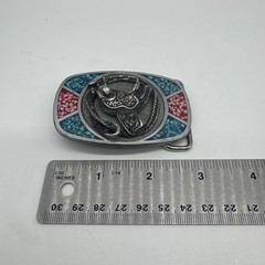 Vtg Southwest 3D Rope And Saddle Turquoise Red Coral Chip Inlaid Belt Buckle