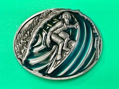 Surfer On Ocean Wave Pipeline Surfing Hang 10 – Blue Green Color Belt Buckle