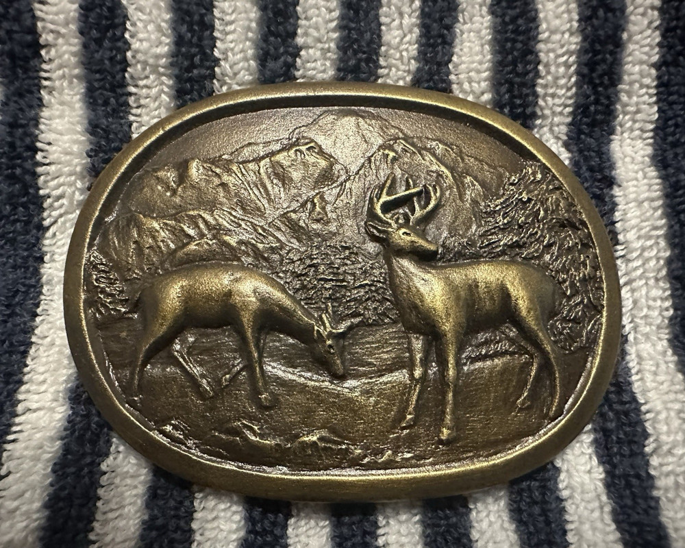 Indiana Metal Craft Oval Western Deer Mountain Scene Belt Buckle Bronze E-357