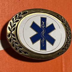 Vintage Solid Brass Star of Life EMS EMT Medical Belt Buckle Blue White Gold B21