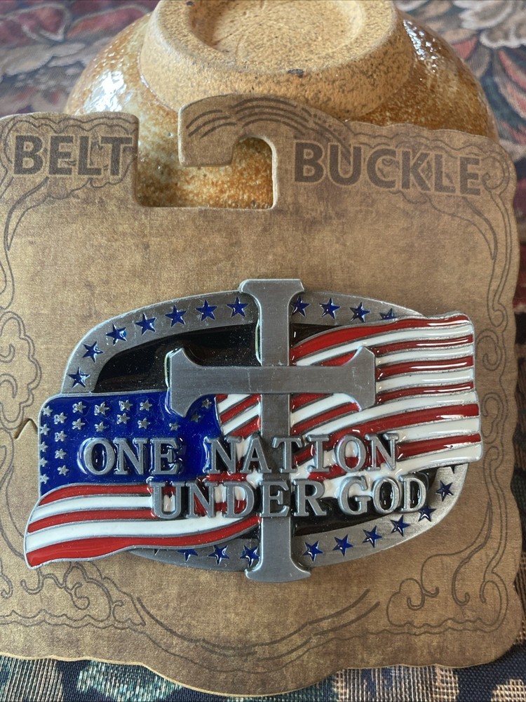 Metal Belt Buckle, Patriotic, American Flag With Cross, Red, White, And Blue