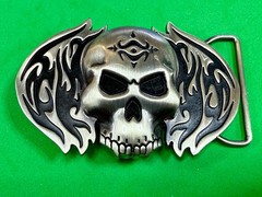 Skull with Flames Cutout Silver & Black Color Silver Moon Creations Belt Buckle