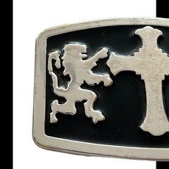 Vintage Mens Belt Buckle – Black Silver With Double Lions and Cross 4×3 Inches