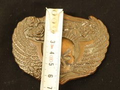 Winged Head Skull Pewter Belt Buckle Vintage Brass Flying Skull With Roses, USA