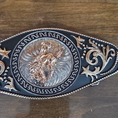 Oval Western Metal Belt Buckle Bull Rider Scroll Engraved Stars 1.5in