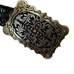 Justin Black Leather Embroidered Belt Ornate Silver Buckle Sz 30 Western Country