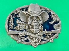 Cowboy Skull Bandana W/ Crossed Rifle Snakes Blue Background Western Belt Buckle