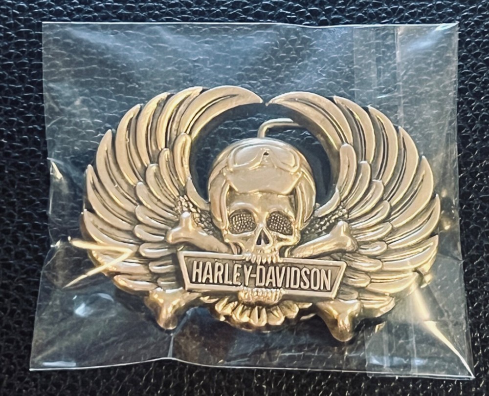Vtg. 70s Harley Davidson Belt Buckle Brass Skull Crossbones Wings Biker Chopper