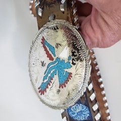 Silver Toned Metal Eagle Belt Buckle Leather Hand Tooled Belt Cowboy Rodeo READ