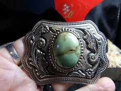 Men&rsquo;s Belt Buckle Silver Tone with Green Stone Measure 3&Prime; X 2&Prime; fits 1 1/2&Prime; Belt
