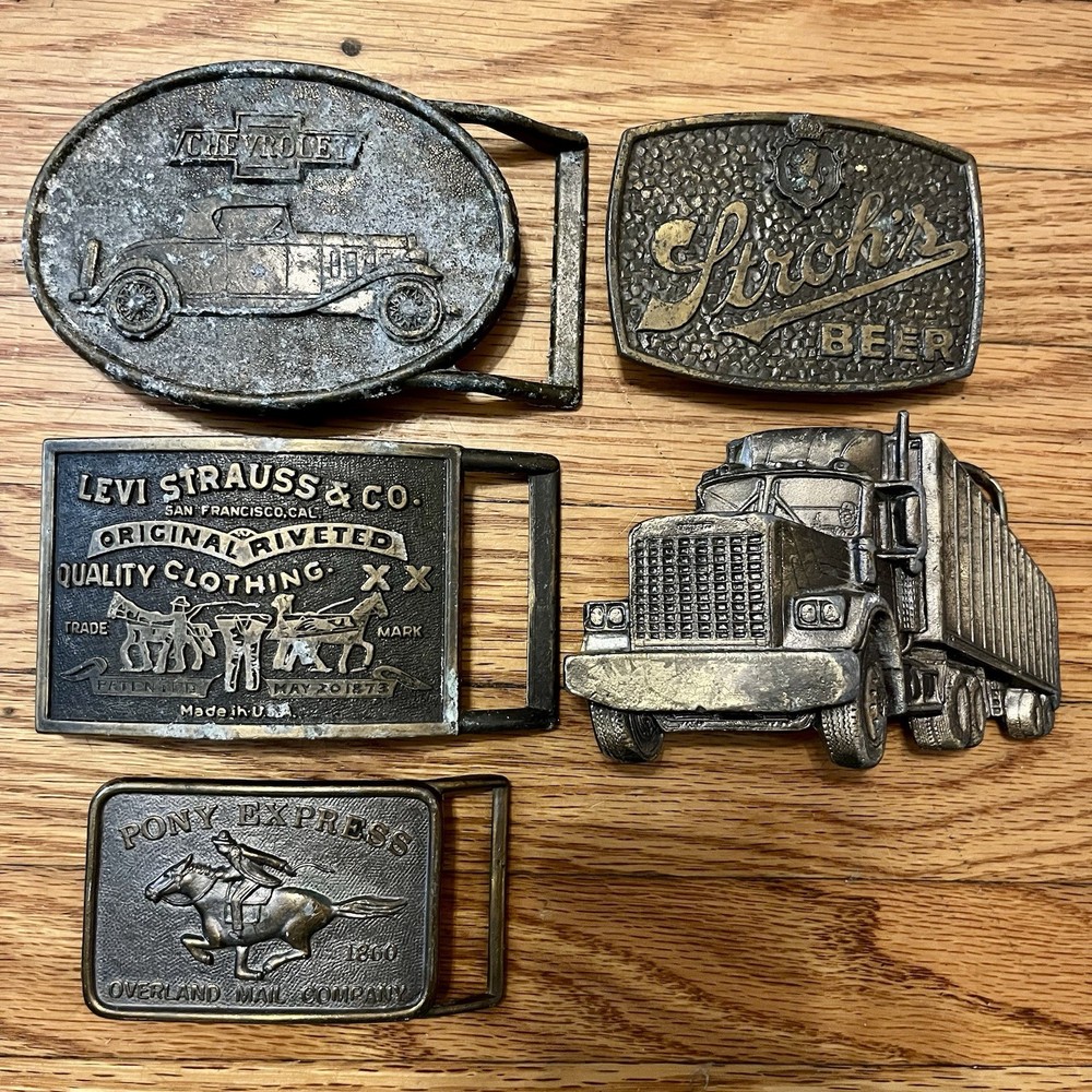 5 Vintage Brass Belt Buckles Levi’s Chevrolet Strohs Semi Trucking Made In USA