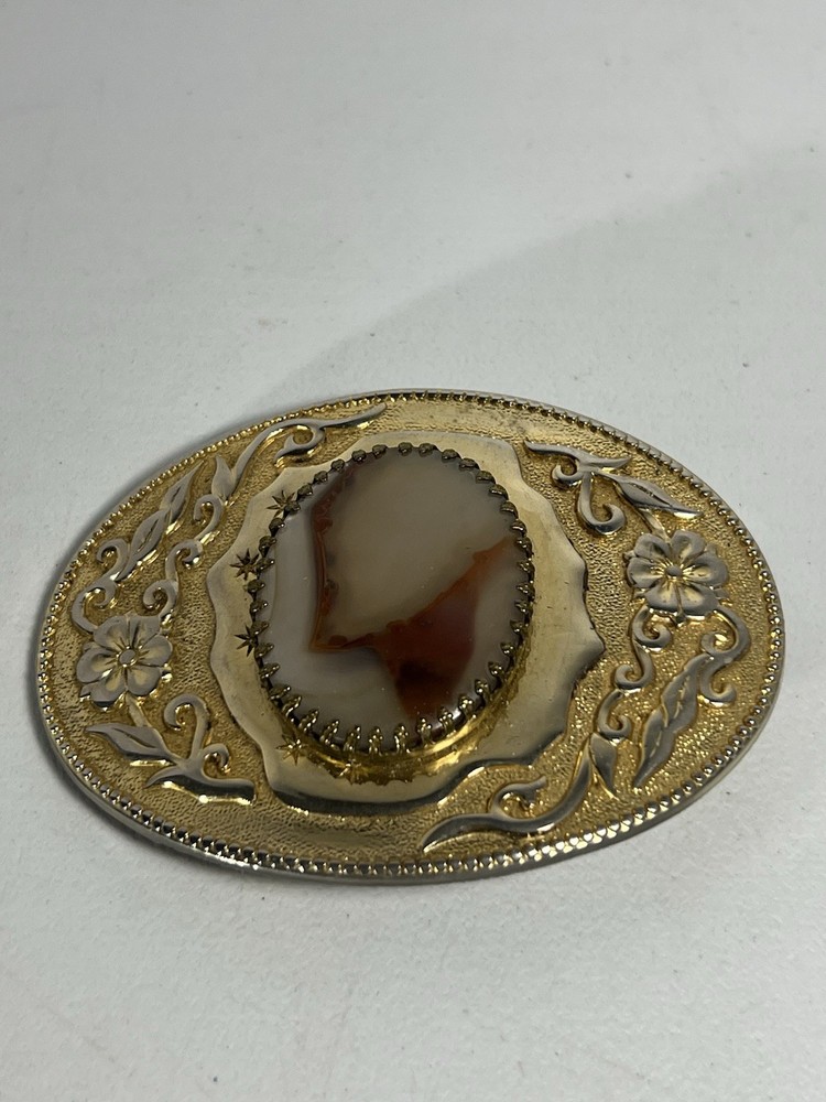 Gold Tone Western Belt Buckle w/Genuine Brazilian Agate Gemstone Stone (D)