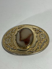 Gold Tone Western Belt Buckle w/Genuine Brazilian Agate Gemstone Stone (D)