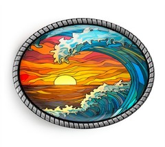 Summer Sunset Belt Buckle – Stylized Ocean Waves Art Handmade Oval Buckle – 1029