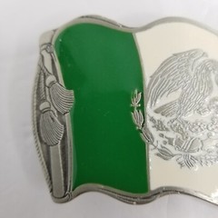 Mexican Flag Belt Buckle, Enamel Pewter, 3-1/4&Prime; x 2-1/4&Prime;, Buckle Bakery, New