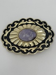 Belt Buckle Lavender Jade Cabochon oval gold tone black enamel background