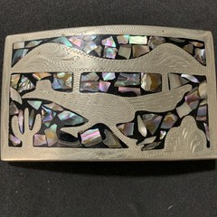 Western Belt Buckle with Roadrunner Bird Abalone Shell Southwest Cactus Inlaid