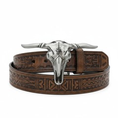 Men Western Silver Metal Belt Buckle Long Horn Texas Cow Bull Skull Accessory
