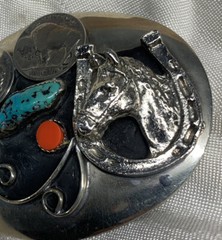 Vtg American Belt Buckle Genuine Turquoise Coral 3 Buffalo Nickels, Horse & Shoe