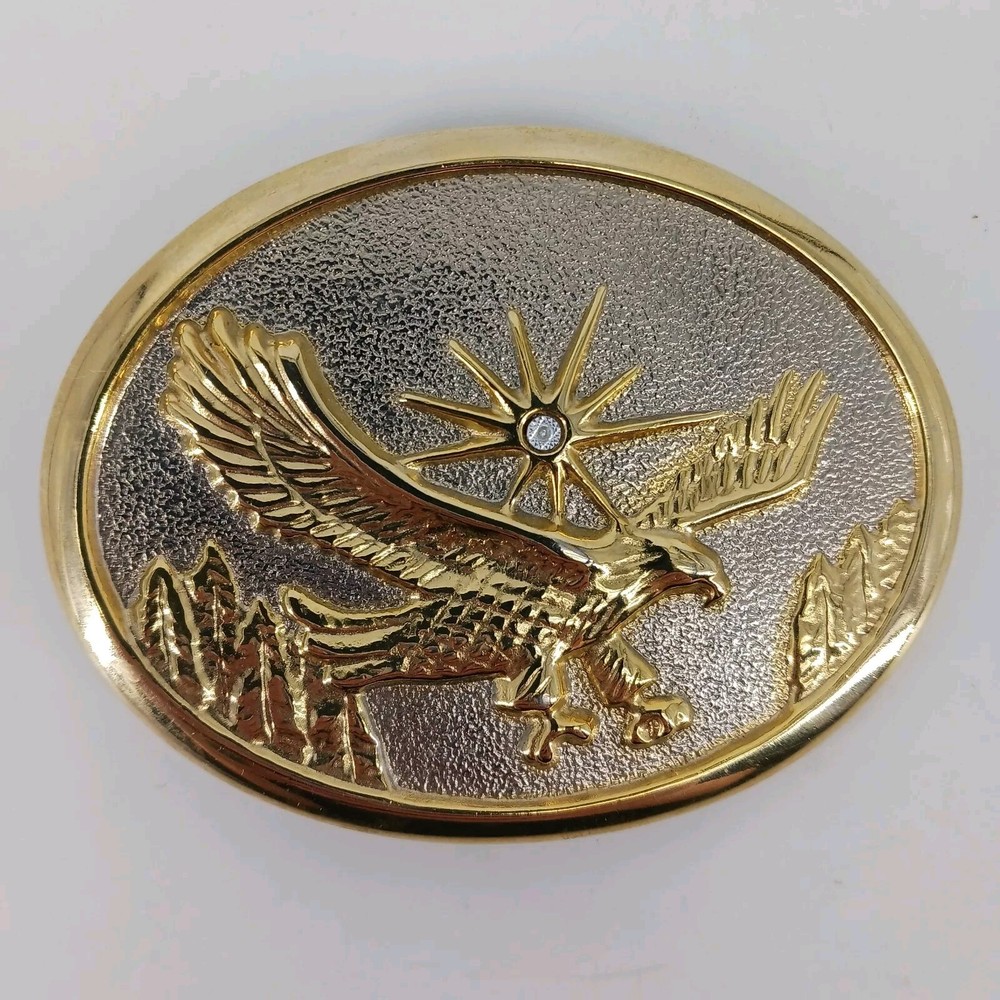 Eagle Hawk Gold & Silver Tone Belt Buckle Oval Shape Clear Rhinestone