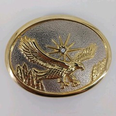 Eagle Hawk Gold & Silver Tone Belt Buckle Oval Shape Clear Rhinestone