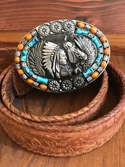 Men -women Belt Buckle Indian Chief horse and eagle wings 1.5&Prime; inlaid stone