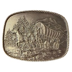 Vtg 1976 R&S Covered Wagon Horse Western Brass Tone Belt Buckle Rope Edge