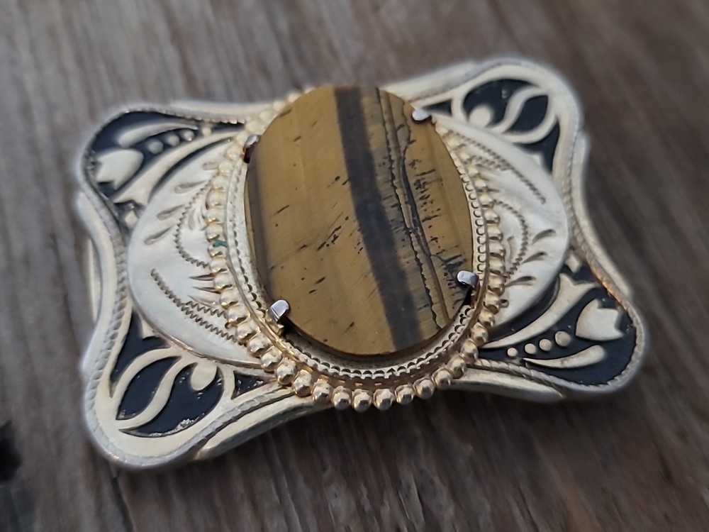 Vintage Brown Tiger Eye Country Western Mens Cowboy Belt Buckle 3&Prime; Gold Tone VGC