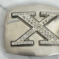 Rhinestone Studded X Letter Initial Monogram Silver Tone Belt Buckle