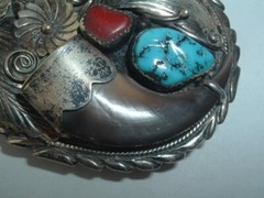 SIGNED R. BEGAY NAVAJO STERLING TURQUOISE CORAL BELT BUCKLE