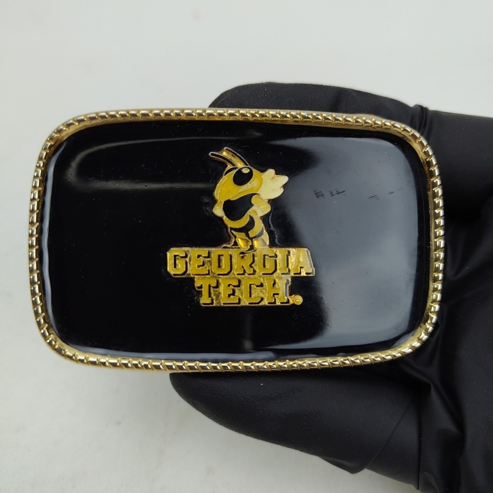 Vintage Georgia Tech Yellow Jackets Belt Buckle BUZZ Black Enamel Made In USA