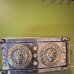 Silver Gold Lion Head Metal Belt Buckle with Rhinestones Greek Key Motif