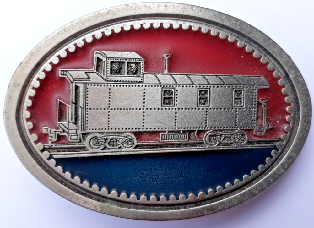 oval belt buckle unbranded railroad train caboose multi color red blue 3&Prime; long