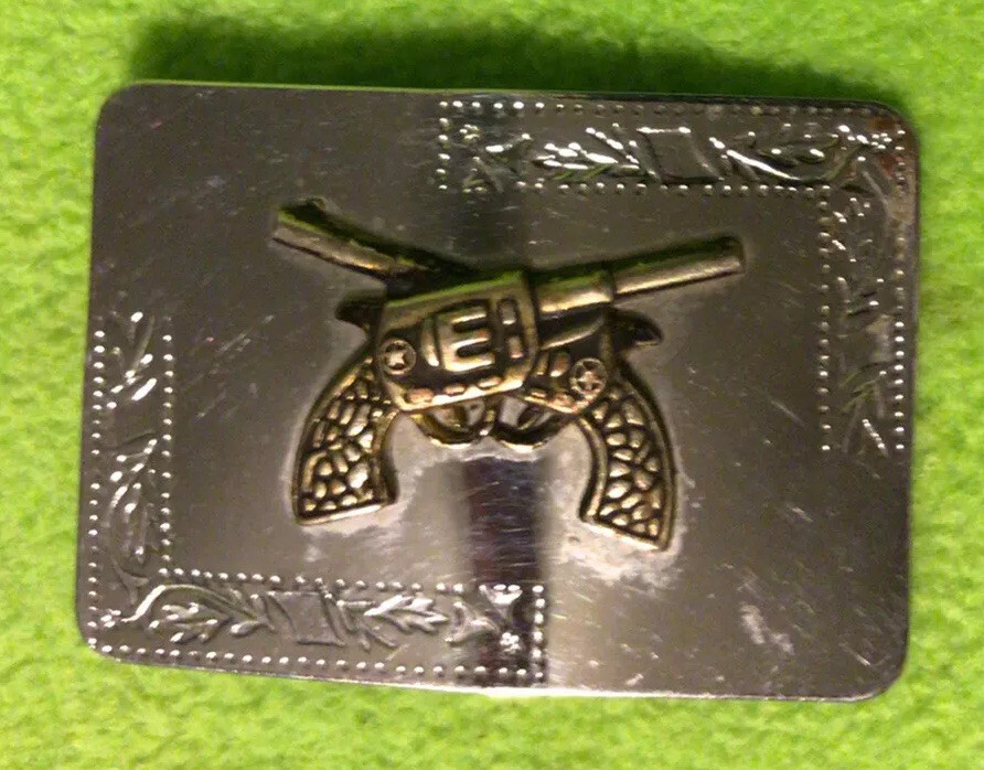 Vtg ~ Belt Buckle ~ 2 Crossed Guns ~ Silver Tone ~ Made In USA