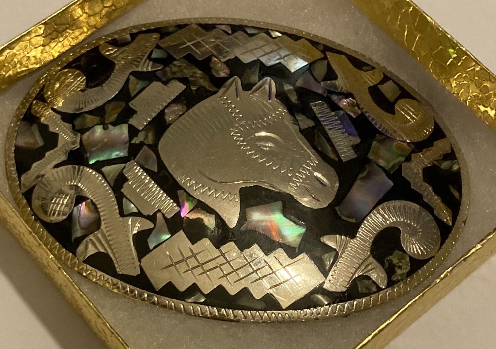 Vintage Metal Belt Buckle, Alpaca Silver and Abalone Design, Nice Horse Head