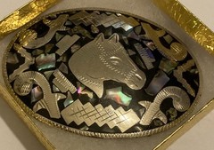 Vintage Metal Belt Buckle, Alpaca Silver and Abalone Design, Nice Horse Head