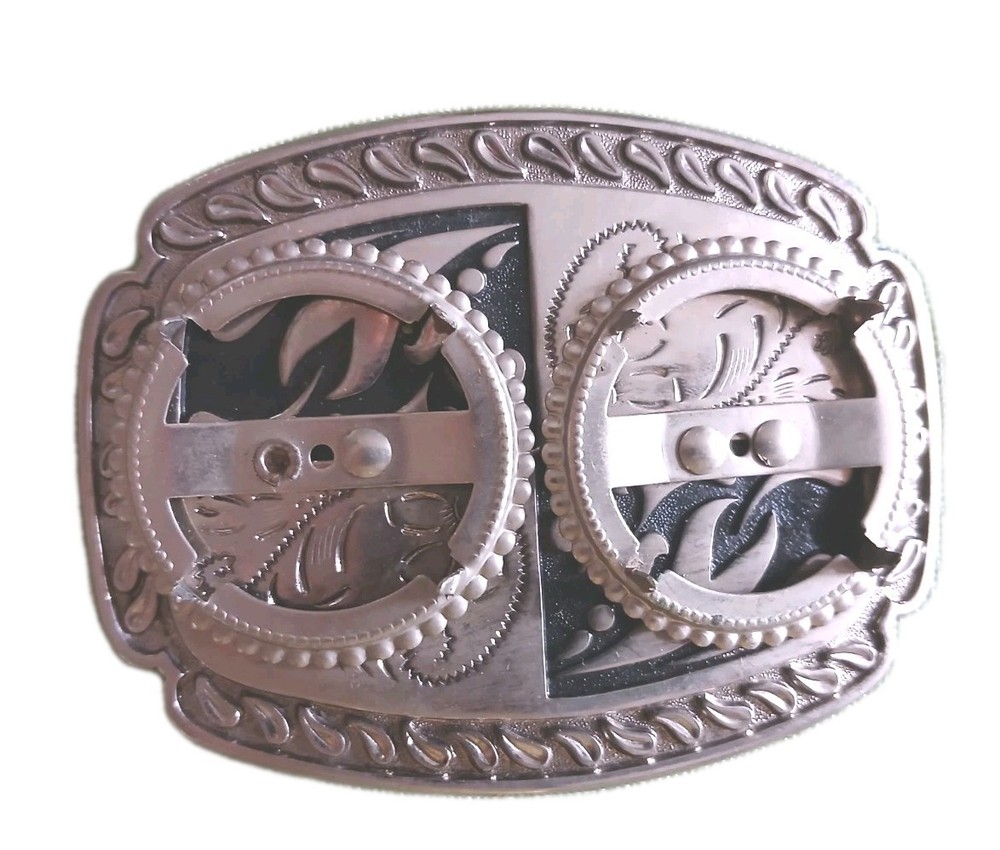 Vintage Western Metal Belt Buckle 4&Prime; Filigree & Paisley w/Two Large Coin Inserts
