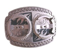 Vintage Western Metal Belt Buckle 4&Prime; Filigree & Paisley w/Two Large Coin Inserts