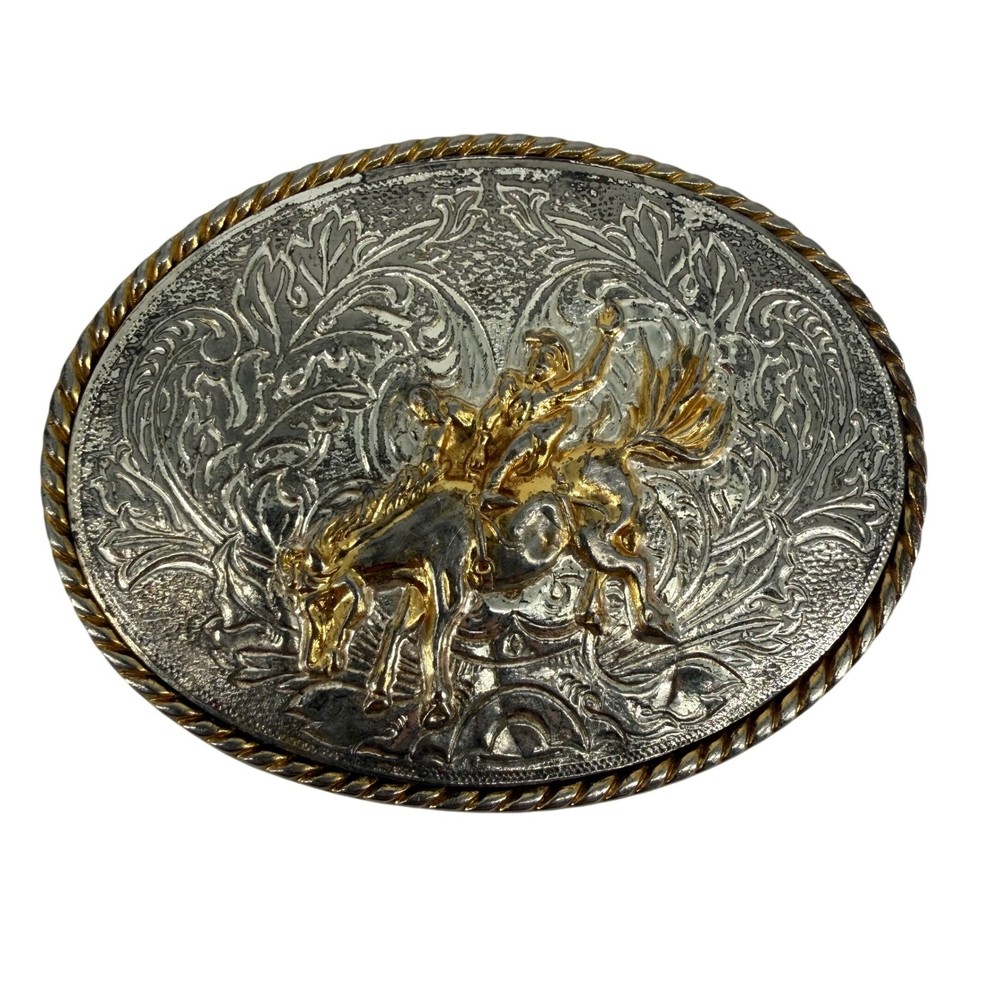 Vintage Ivan Rodeo Cowboy Bucking Bronco Belt Buckle Silver Gold Tone