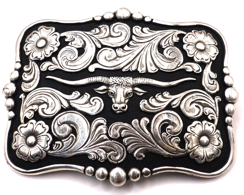 Nocona Western Belt Buckle Rectangle Longhorn Silver Tone and Black 37586