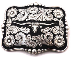 Nocona Western Belt Buckle Rectangle Longhorn Silver Tone and Black 37586