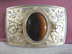 Vintage Gold Metal Western Engraved Plumes & Oak Leaves Agate Cameo Belt Buckle