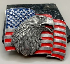 Mens Belt Buckle Patriotic Blue Red Silver Flag Eagle Siskiyou Buckle Co USA