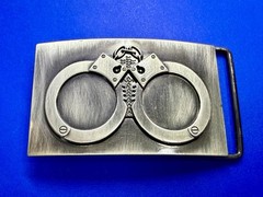 Hand Cuffs Raised Handcuffs on Silver Color Rectangular Belt Buckle