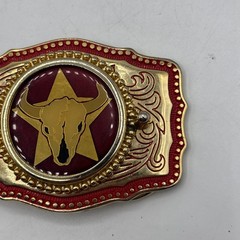 Western Longhorn Bull Skull Belt Buckle – Gold And Red Color