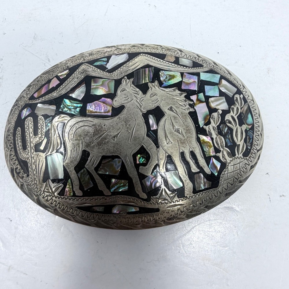 Vintage Mexico Alpaca Silver Horse Belt Buckle Abalone Shell Mosaic Inlay 3.25&Prime;